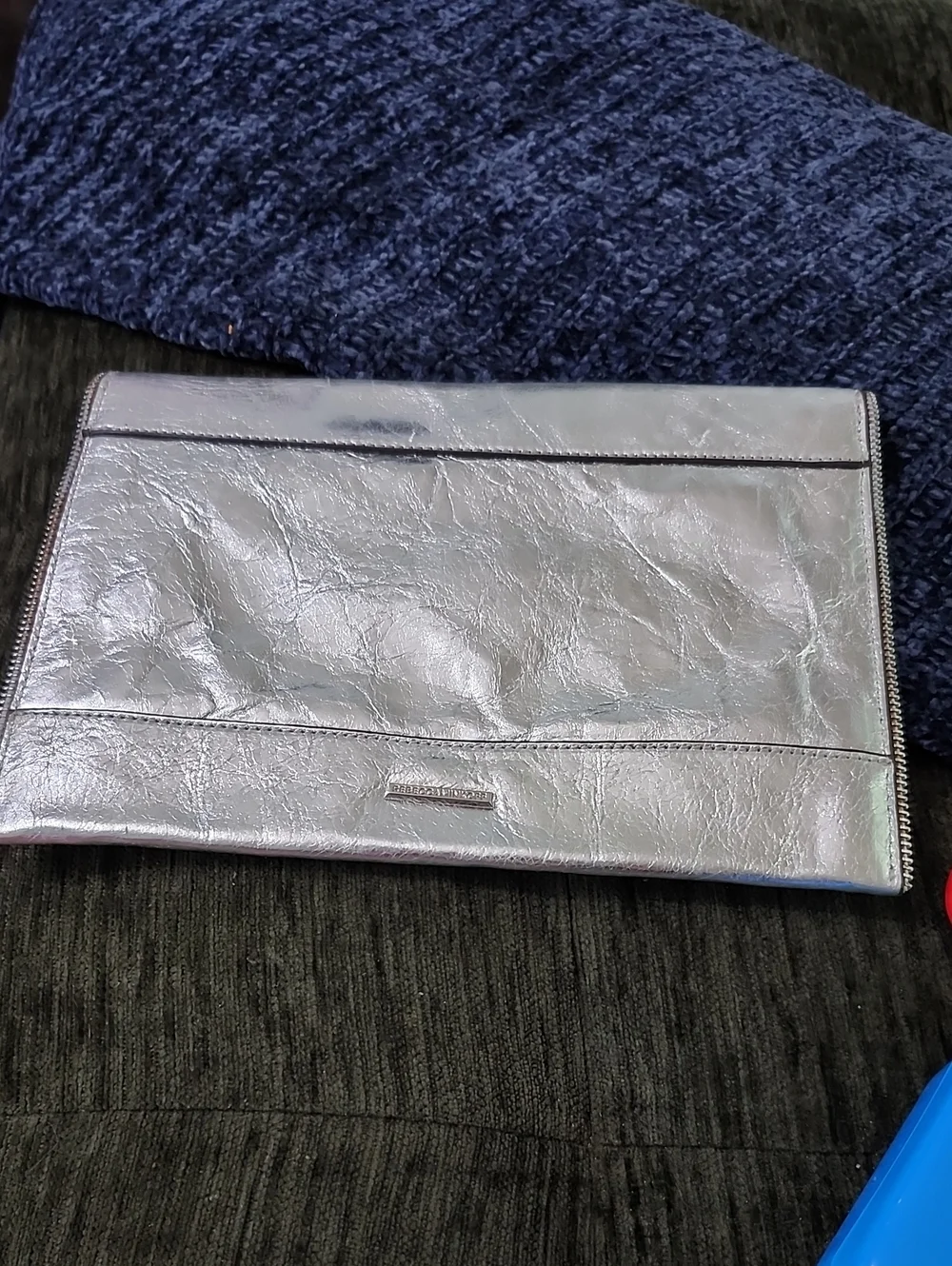 Rebecca Minkoff Silver Leather Envelope Clutch Metallic W/Zip Detail